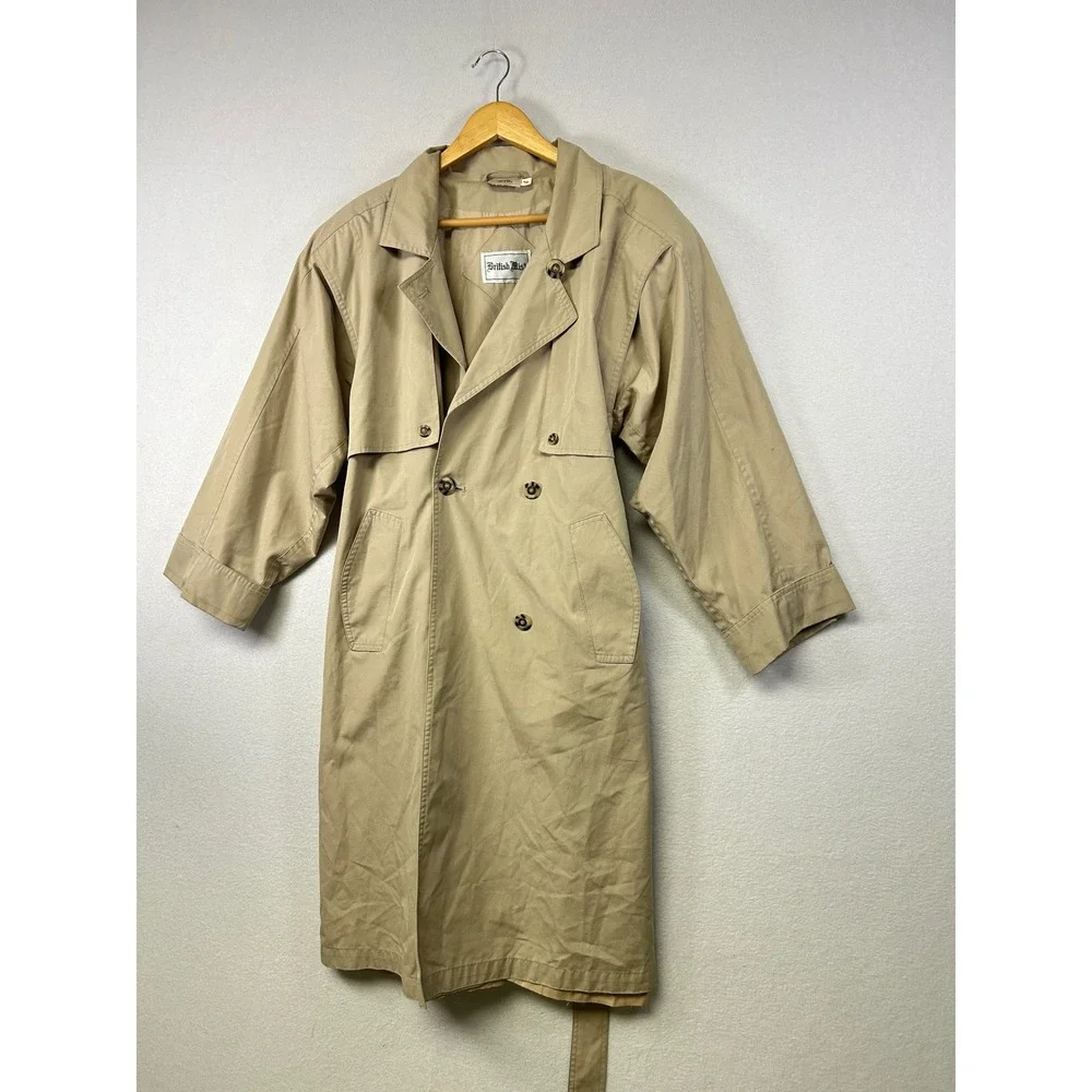 British Mist Classic Tan Double Breasted Trench Coat Belted Full Length Size 910